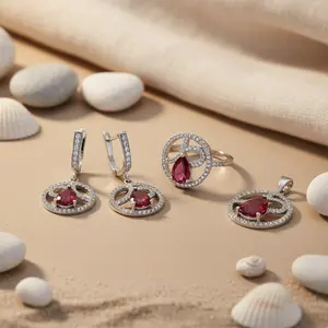 Ensemble de bijoux fins en argent 925 avec rubis, zircon, diamant, perle, plaqué or et or rose pour femmes, pour mariages et fêtes - Product Image 1