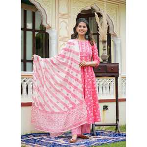 Ensemble Femme Anarkali Kurta Imprimé Floral Rose avec Pantalon & Dupatta - Product Image 3