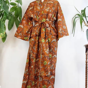 Bata Floral con estampado de algodón puro Kimono estampado a mano informal suave de verano y primavera para maternidad y encubrimiento para Otoño e Invierno - Product Image 1