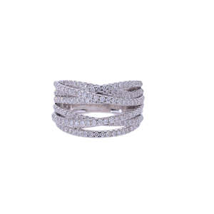 Anillo cruzado de varias filas de oro de 14 quilates con diamantes de corte brillante redondos naturales Ajuste de pavé elegante y declaración brillante - Product Image 3