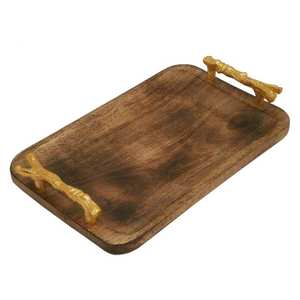 Bandeja de madera de acacia hecha a mano para servir desayuno, incrustaciones de corteza, diseño rectangular sólido para Hotel, restaurante, bandeja de madera decorativa - Product Image 3