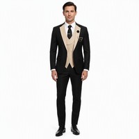 Ensemble de costume trois pièces pour homme, noir et beige, formel, pour affaires, mariage, soirée, veste, gilet, pantalon, coupe ajustée