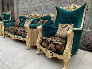 Ensemble de canapés 5 places The Royal Maharaja en bois de teck avec finition en verre doré vert et PU Ensemble de canapés pour le salon - Product Image 3