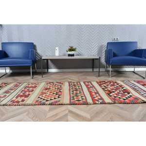 พรมตุรกีวินเทจ ขนาด 2.7x10.2 ฟุต (82x311 ซม.) พรมคิลิมสีแดงน้ำเงินลายอิคัต - Product Image 4