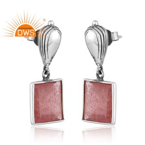 Último diseño de pendientes colgantes de piedras preciosas de cuarzo de fresa natural de plata esterlina oxidada fabricante de joyería personalizada - Product Image 2