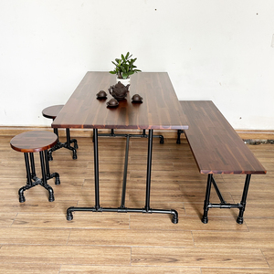 Industrial Design 4-Person Seating <b>Table</b> and Chair Set <b>with</b> <b>Foldable</b> Pipe <b>Legs</b> Acacia Wood Top for Farmhouse or Kitchen-CBBA109 - Product Image 6