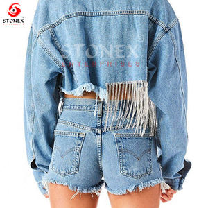 Premium Quality Cropped Denim Blue Jacket <b>for</b> <b>Women</b> Custom Made <b>Short</b> Length <b>Jean</b> Jacket Cotton Filling Breathable Finished - Product Image 4