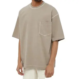 2024 Fabricante de roupas de corte e costura camisetas de bolso personalizadas de algodão camisetas de ponto de contraste invertido de grandes dimensões para homens