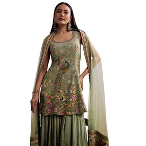 Traje Palazzo de crepé verde con estampado floral y trabajo en piedra, venta al por mayor, Ropa Étnica para mujer, fábrica de ropa OEM, proveedor a granel - Product Image 4