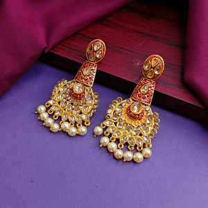 Joyería tradicional india Diseñador de oro Perla de imitación Esmalte Pendientes de diamantes de imitación Conjunto de pendientes colgantes de cristal, Rojo - Product Image 2