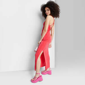 Abito lungo aderente rosso da donna Wild Fable con schiena allacciata, in raso confortevole, taglia S - Vita naturale - Product Image 4