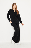Conjunto de Suéter de Punto con Cuello en V para Mujer, Corte Holgado, Color Negro Sólido, Pantalones Largos Casuales, Transpirables, para Todas las Temporadas