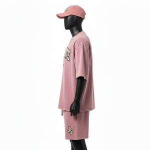 Men Premium Washed Cotton Jersey Shirt And Short Set 240GSM Soft Pink Heavyweight Screen Print Puff Logo Men's Jogging Short Set - Product Image 3