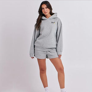 Wholesale <b>Women's</b> Solid Color Fashion Fitted Casual Cropped Hoodie and <b>Shorts</b> Hooded and <b>Short</b> Two Piece Set Rkout - Product Image 1