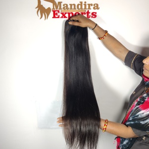 Extensiones de cabello humano de templo indio, mechones rizados rectos de onda larga suelta de color negro, proveedor virgen natural crudo 100% - Product Image 5