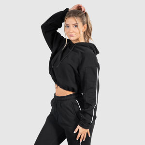Ensemble de sweats à capuche courts pour femmes en molleton à cordon de serrage imprimé en relief surdimensionné personnalisé en gros pour la saison hivernale - Product Image 3