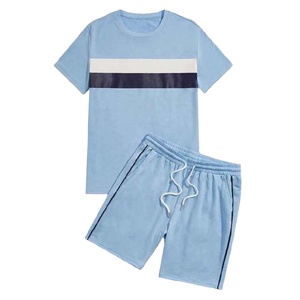 <b>Knitted</b> 100% Cotton Men's T-Shirt <b>Sets</b> Wholesale Breathable Summer Men's Shorts <b>Set</b> Custom Digital Printed Striped Streetwear - Product Image 1