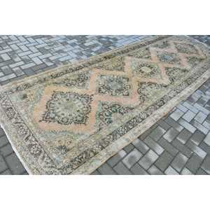Vintage Turkish <b>Runner</b> Rug 4.6x13.1 ft, Brown <b>Blue</b> Floral Rug - Product Image 2