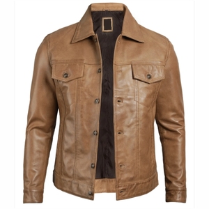 Camel Brown Trucker Chaqueta de Cuero para Hombre - Product Image 6