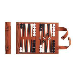 MORGANS INDUSTRIES Foldable Leather Eco-Friendly Backgammon Set with Dice and Checkers Brown Unisex <b>Travel</b> <b>Game</b> <b>Board</b> - Product Image 1