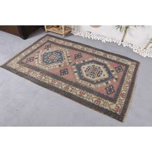 Alfombra de lana Vintage azul y Beige, diseño de retazos geométricos de 3,9x6,3 pies para decoración de dormitorio, Alfombra de yute con respaldo de látex para coches - Product Image 2