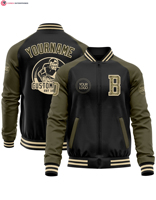 Maßgefertigte Marineblaue Vintage USA-Flagge Kastanienbraune Bomber-Varsity-Letterman-Jacke Zweifarbige Knopfleiste Stehkragen Stickerei 100% Baumwolle