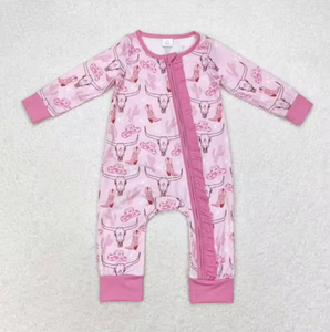 Mono de Manga Larga con Cierre para Bebés Niñas, Diseño de Vaca, Cactus, Estilo Azteca y Occidental, Conjunto de Mono Rosa para Niños - Product Image 1
