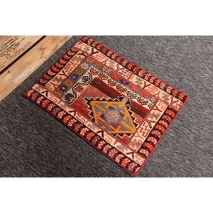 พรมตุรกีวินเทจขนาดเล็ก 2x2.8 ฟุต ลายเรขาคณิตสีแดงพร้อมลวดลายดอกไม้ - Product Image 4