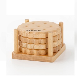 Novedad de 2025, posavasos de madera de mango de estilo clásico con soporte, Juego de 4 posavasos para galletas - Product Image 1