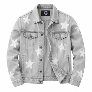 <b>Men's</b> Light Gray <b>Denim</b> <b>Jacket</b> Star Print Turn-down Collar Casual Washed Cotton Regular Sleeve Single Breasted - Product Image 1
