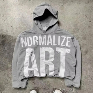 เสื้อฮู้ดดี้ผู้ชายผ้าฟลีซคอตตอน 100% ระบายอากาศได้ดี ทรงโอเวอร์ไซส์ พิมพ์ลายพัฟฟ์หนา ปักลายแบบดิสเทรส ไซส์พลัส - Product Image 4