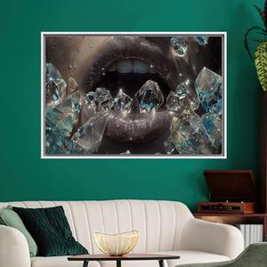 Luxury Diamond Lips Canvas Wall Art: Glamorous <b>Crystal</b> Mouth Decor Print,1P:White <b>Framed</b> - Product Image 1