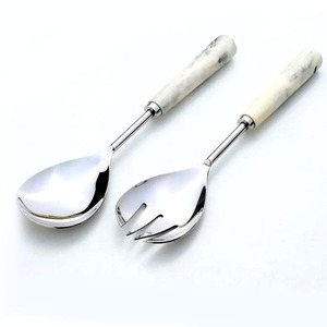Wholesale Shiny Finished <b>Gold</b> Salad <b>Serving</b> Set with Marble Design White Resin Handle Dishwasher Safe - Product Image 3