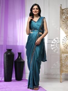 Dernier Designer Satin Soie Pierre Travail Bordure Prêt à Porter Saree By Fab Zone - Product Image 4