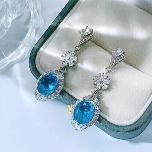 Boucles d'oreilles pendantes en argent 925 de style vintage 3.40 ct coupe ovale Moissanite aigue-marine - Product Image 4