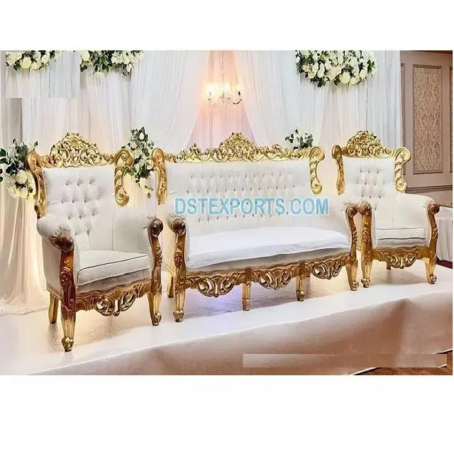 Maharaja نمط العروس العريس طقم أريكة للمرحلة مصمم اليد منحوتة الزفاف المرحلة طقم أريكة الكبرى الأبيض الذهب طقم أريكة للمرحلة