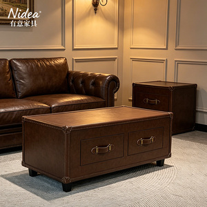 Juego de Muebles de Cuero Marrón Vintage, Hecho a Mano, Duradero, Minimalista, Mesa de Centro y Mesa Auxiliar de 2 Cajones - Product Image 2
