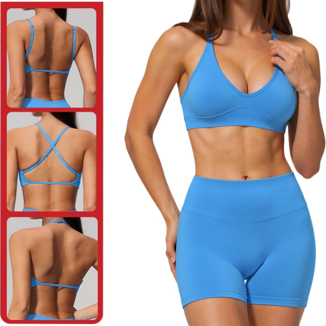 OEM ODM Custom Logo Seamless Yoga Set Cross Back Sports Bra High Waist Butt Lift Leggings Women Fitness Running Active Wear