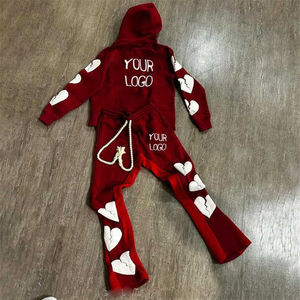 Jogger Set Men's Custom Flared Tracksuit Streetwear Graphic 3D Puff Print Stacked <b>Raw</b> Hem Cut Edge Hoodie - Product Image 1