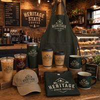 Ensemble de marchandises personnalisées pour café AT PACK avec logo, tablier, t-shirt, casquette, tasses, tasse en céramique et gobelet de voyage