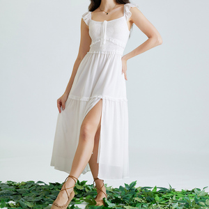 OEM Renaissance Mujeres Casual <span class=keywords><strong>Maxi</strong></span> Vestidos de gasa Cintura elástica Cuadrado Escote en V Slit A-Line Smocked Corpiño <span class=keywords><strong>Maxi</strong></span> Longitud Chic - Product Image 2