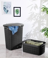 Grand panier à linge vertical tressé écologique avec couvercle 60L gris en PP pour vêtements, cuisine, chambre