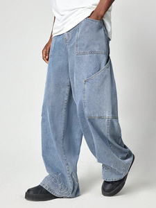 กางเกงขาตรงเอวสูงปานกลางของผู้ชายทรงหลวมดีไซน์มีกระเป๋าหลายใบแบบไม่สม่ำเสมอสีน้ำเงินอ่อนขนาดพลัสไซส์เทคนิคการถัก - Product Image 3