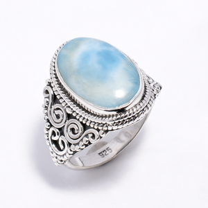 Anillo de Plata de Ley 925 con Larimar Azul Ovalado en Cabujón, Hecho a Mano con Filigrana, para Mujer y Hombre - Product Image 1