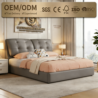 Cream Upholstered Bed Frame King Size Genuine Leather Bed With Headboard Solid Wood Lift up Storage Bed