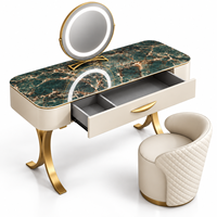 Ensemble de table de maquillage de luxe avec miroir LED, dessus en marbre, tiroir, chaise rembourrée, taille et couleur personnalisées, garantie de 2 ans