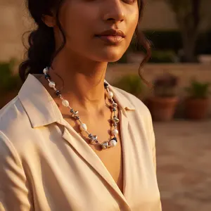 Collar de Perlas Plateadas con Detalles de Piedras Azules para Regalo de Mujer - Product Image 1