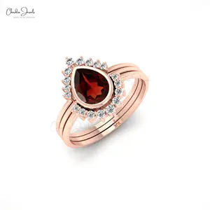 Cincin batu permata pir Garnet 0.63 Ct autentik 14k cincin berlian putih emas Solid cincin susun Multi Band harga grosir pabrik