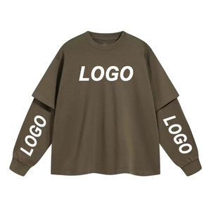 Camiseta corta cuadrada de manga larga con gofres para hombre, ropa de calle personalizada, camiseta de doble capa rasgada de algodón holgada de Hip Hop Vintage - Product Image 6