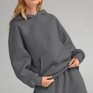 เสื้อมีฮู้ดคอกลมพอดีตัวสำหรับผู้หญิง365ผ้าฟลีซโพลีเอสเตอร์ GSM แขนยาวผ้าคอตตอนผ้าขนแกะสีเทาเข้มใส่ออกกำลังกายแบบลำลองสำหรับฤดูหนาว - Product Image 2